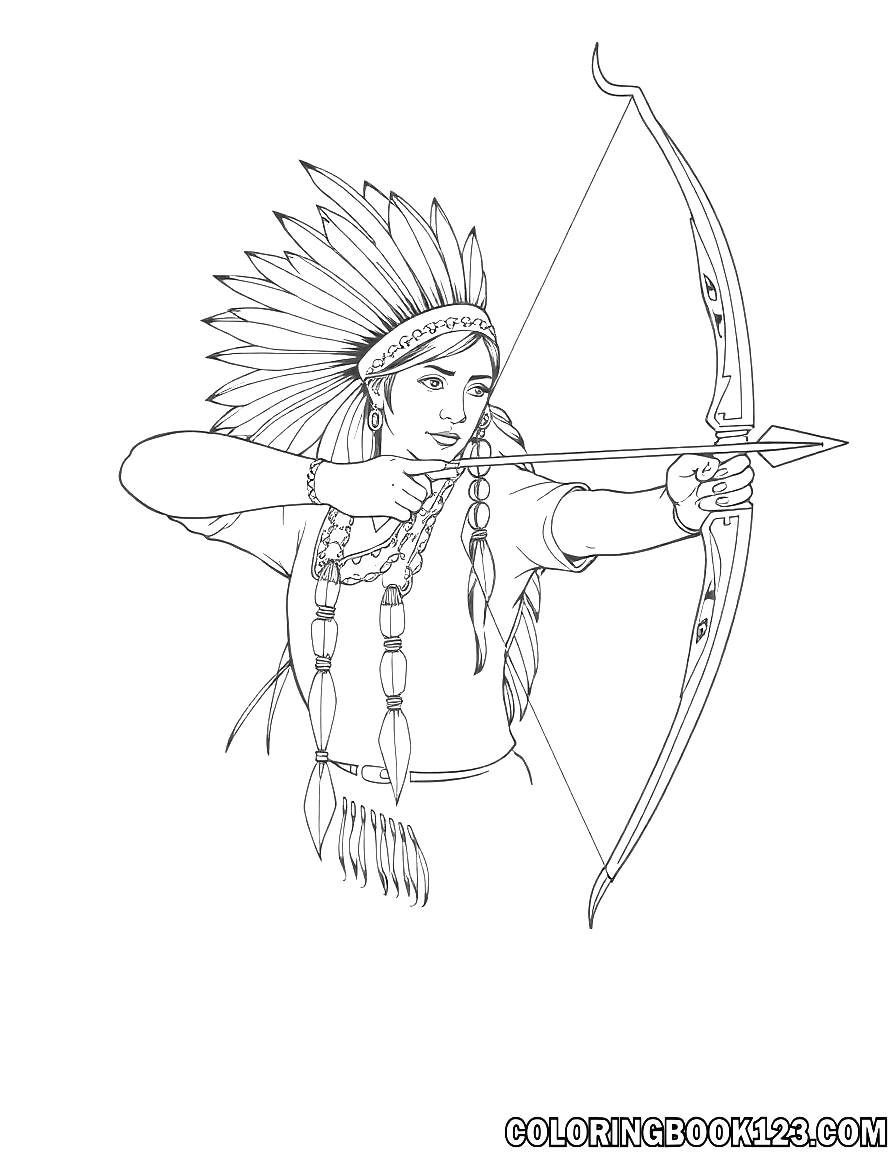 Ausmalbild eines Indianers mit Bogen und Pfeil