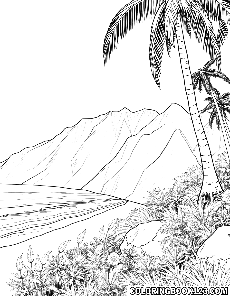 Ausmalbild Sandburg in Hawaii mit Palmen und Bergen
