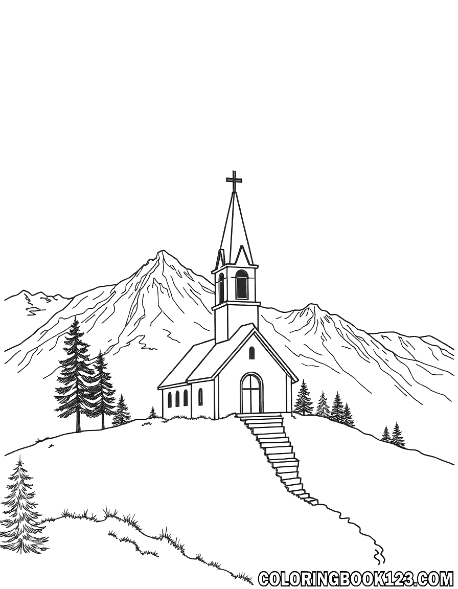 Ausmalbild einer Kirche in den Bergen