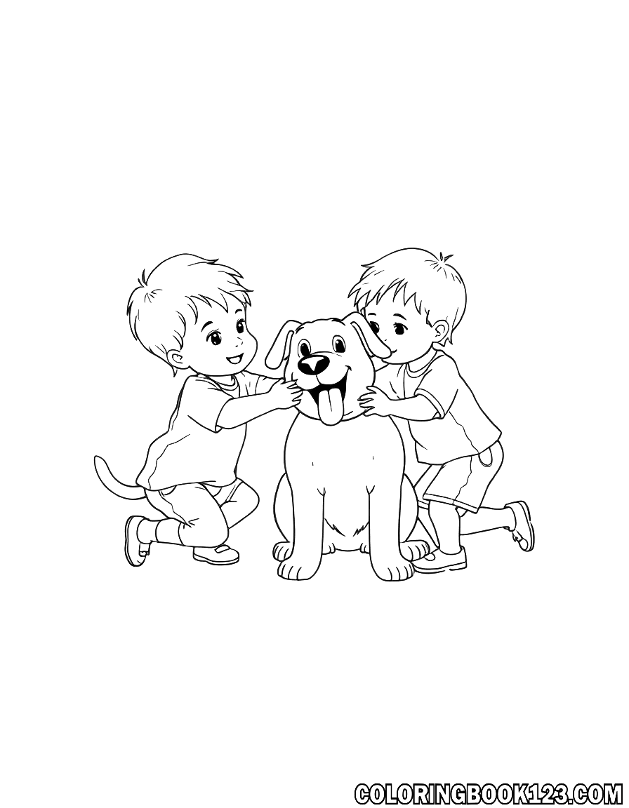 Ausmalbild von Kindern, die mit einem Hund spielen