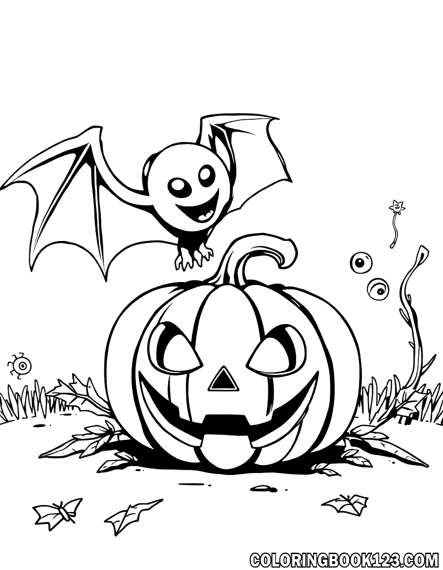 Halloween Ausmalbild mit Fledermaus und Kürbis