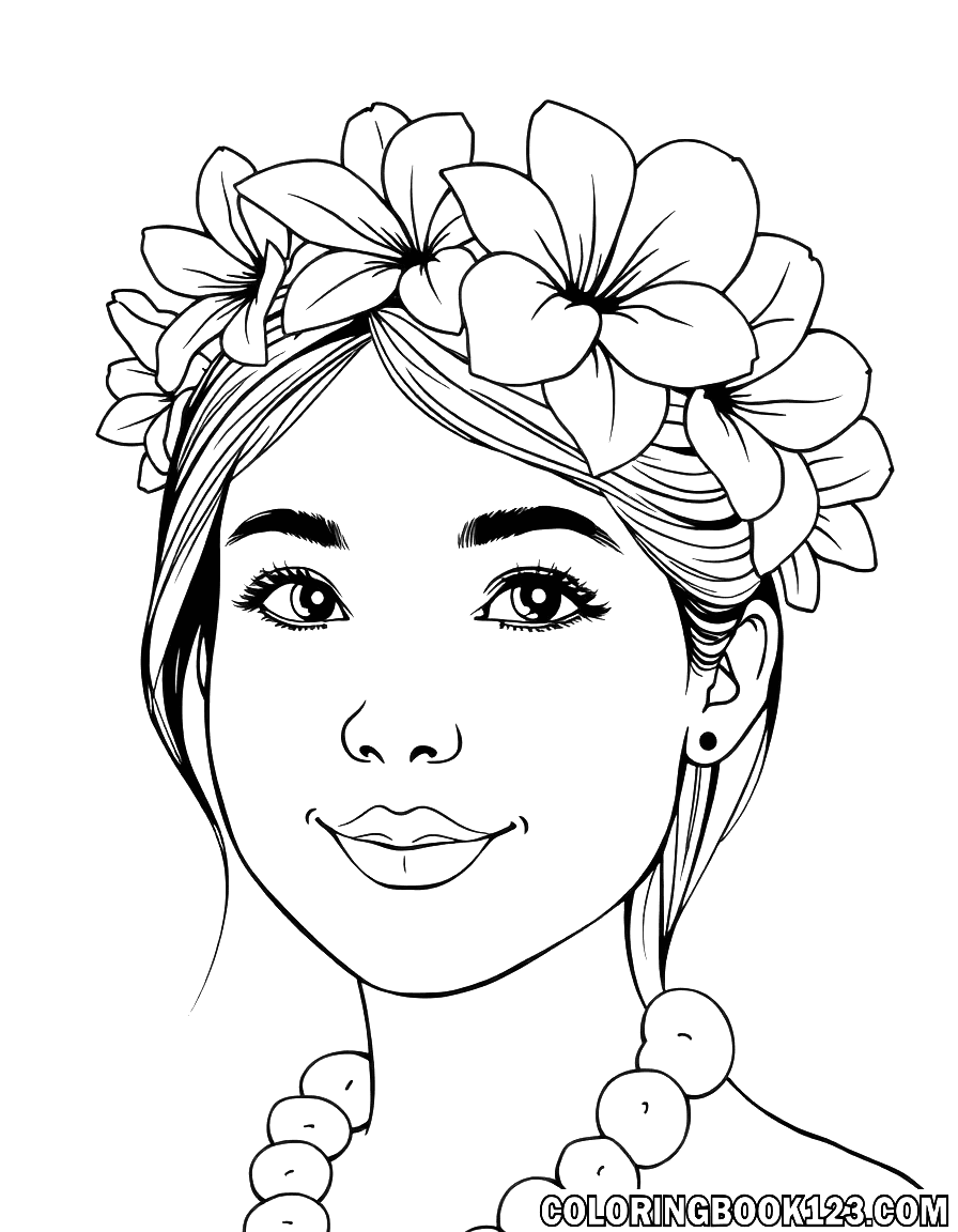 Mädchen mit Blumenkranz aus Hawaii, Ausmalbild