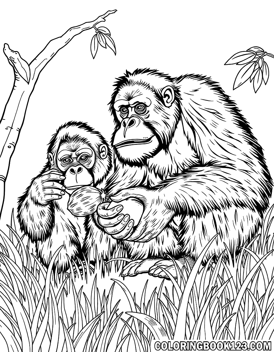Orang-Utans auf einer Wiese, die Früchte essen.
