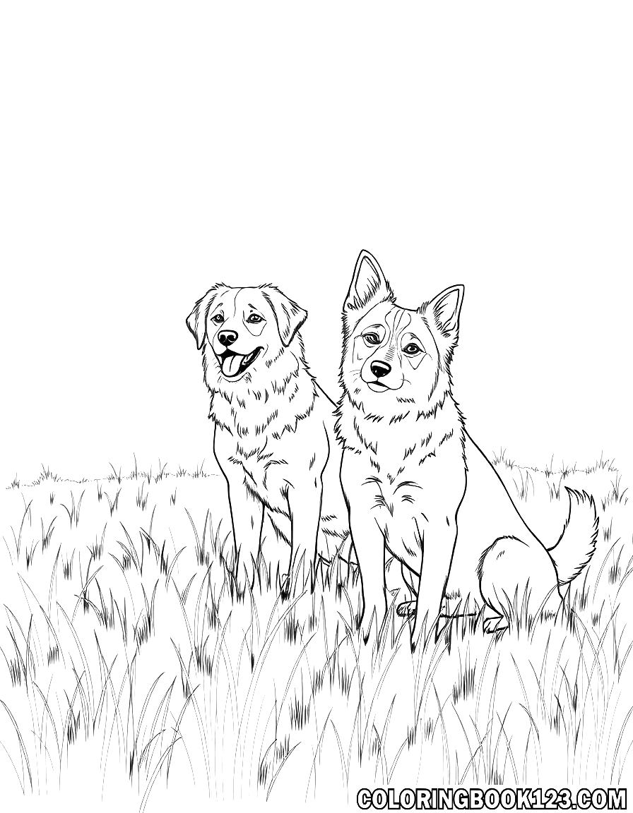 Zwei Hunde auf einer Wiese Ausmalbild