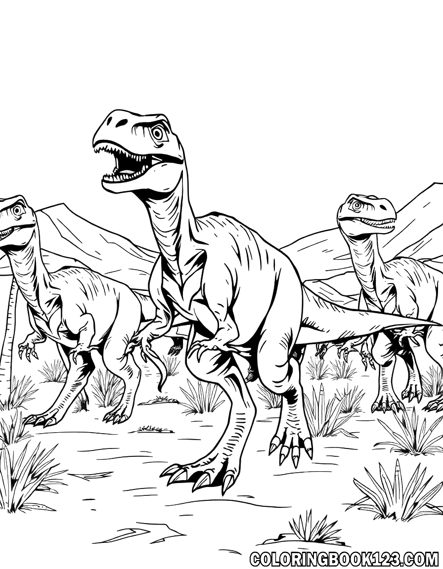 Velociraptor in einer Gruppe in der Wüste, Ausmalbild