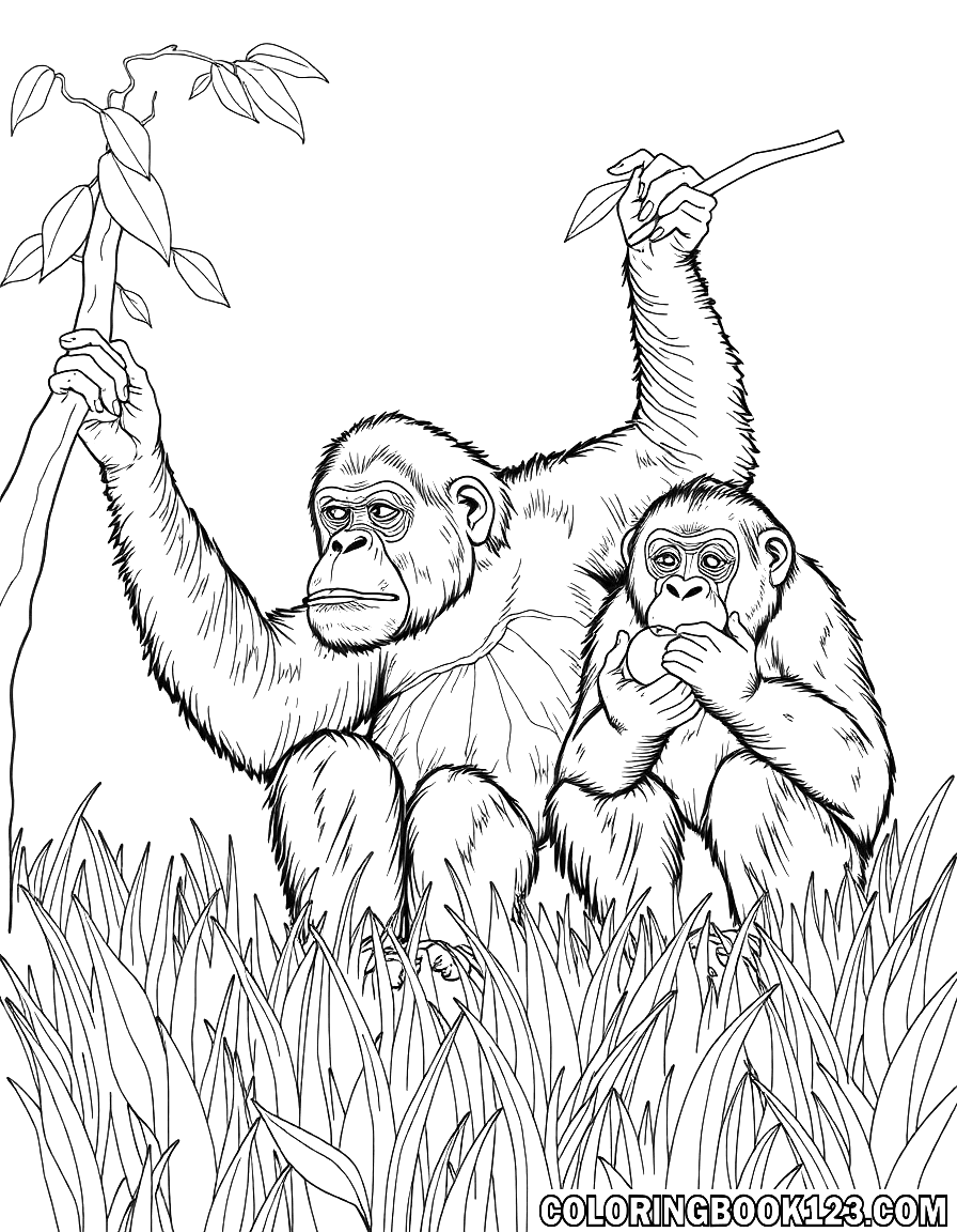 Orang-Utans im Gras, die Früchte essen