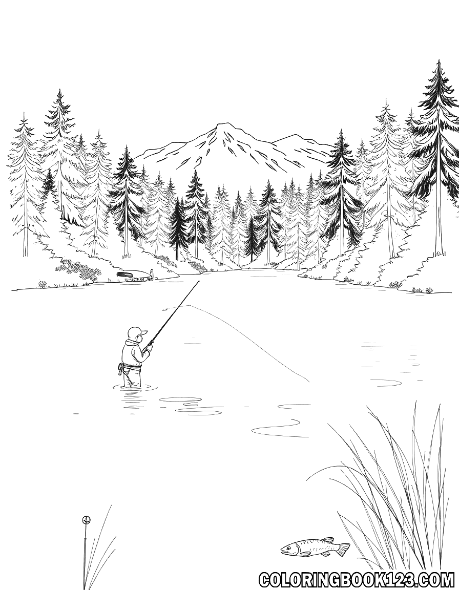 Ausmalbild Angeln am Waldsee