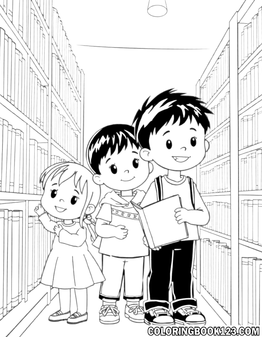 Ausmalbild von Kindern in einer Bibliothek