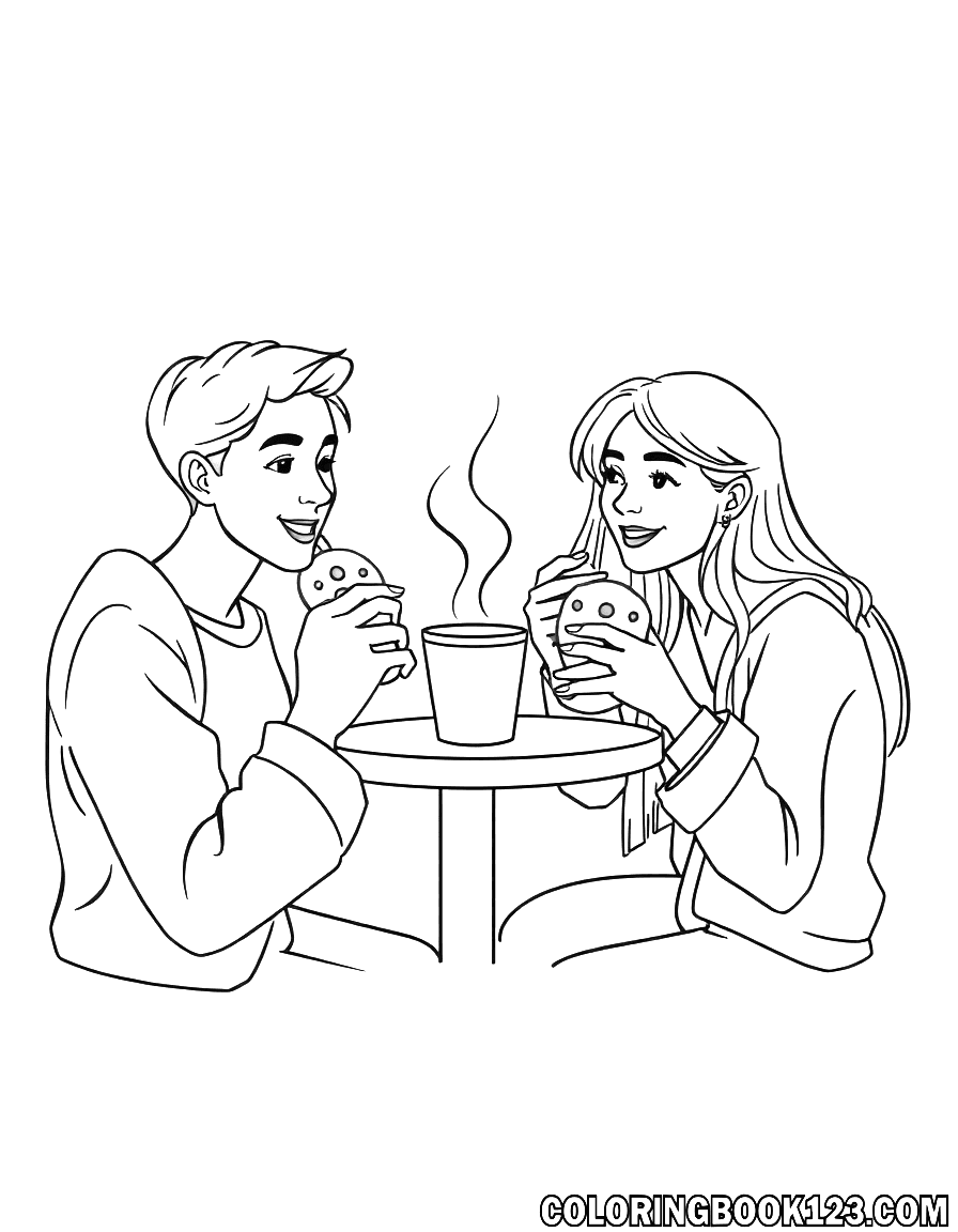 Ausmalbild von Freunden, die Kekse essen und Kaffee trinken.