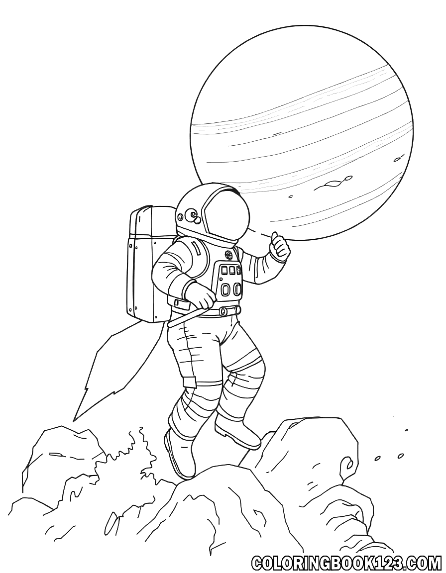 Astronaut mit Rakete auf dem Weg zu Jupiter