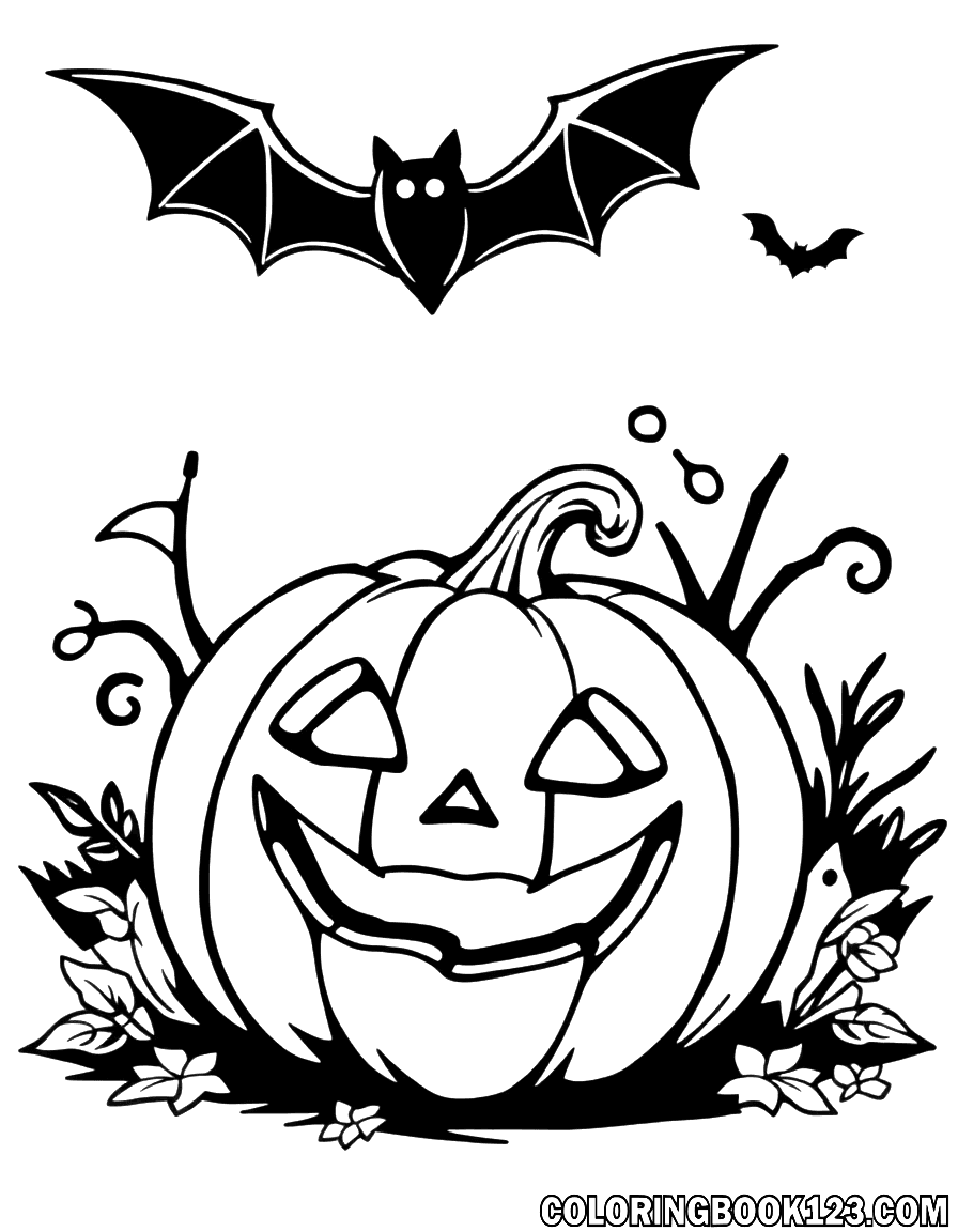 Halloween Ausmalbild mit Fledermaus und Kürbis