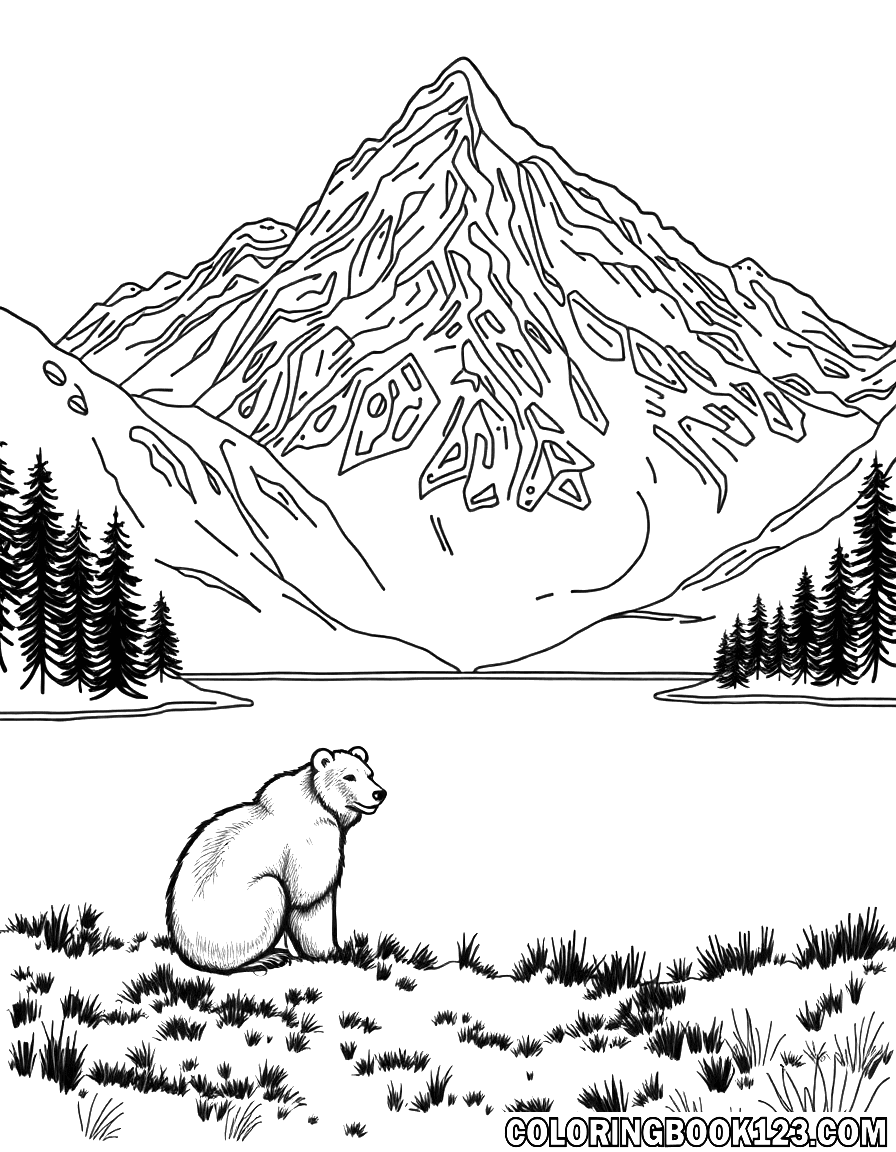 Bär in den Bergen am See Ausmalbild