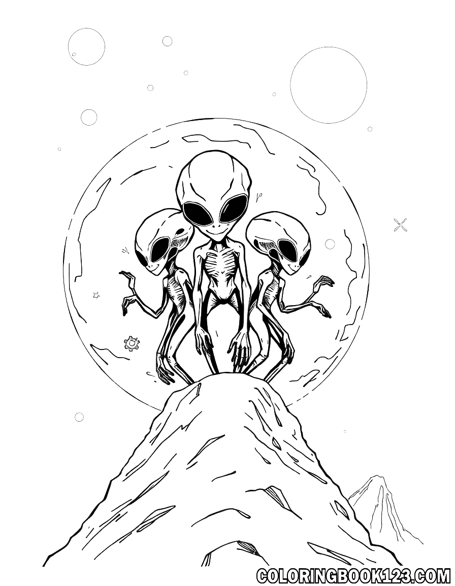 Ausmalbild von Aliens auf dem Mond