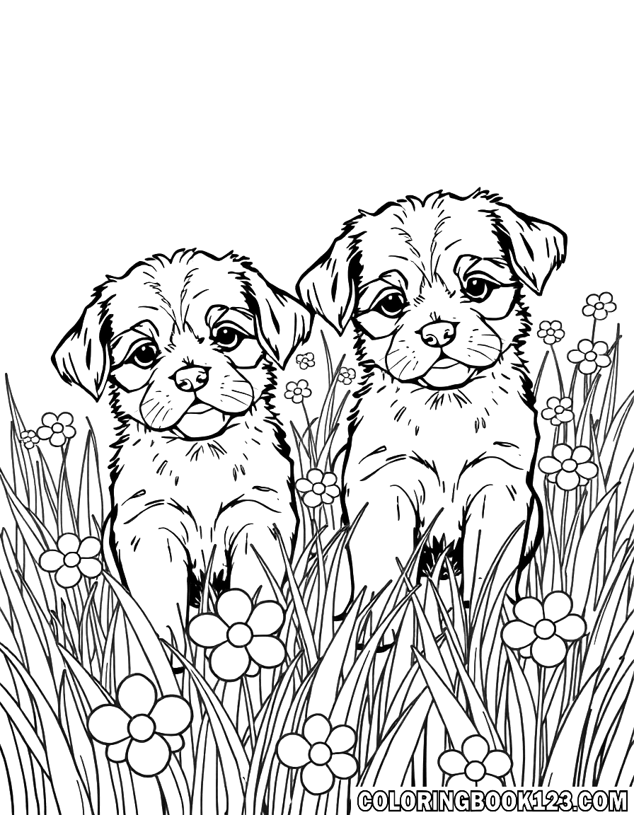 Ausmalbild von zwei Welpen im Gras mit Blumen