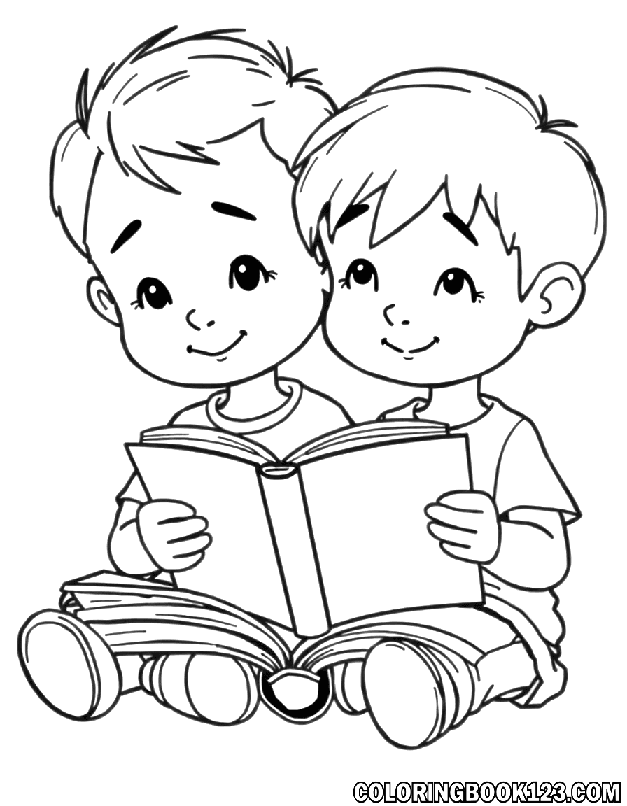 Ausmalbild von zwei Kindern, die Bücher lesen.