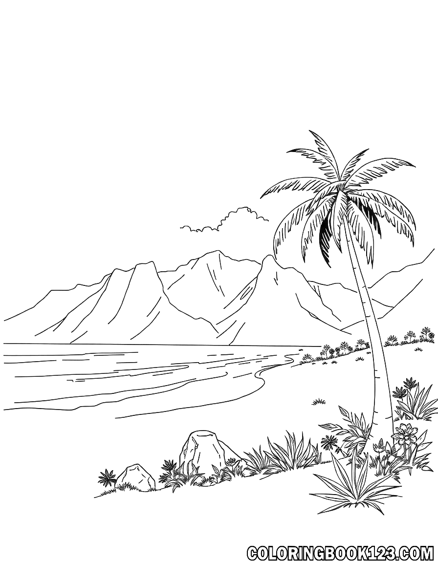 Ausmalbild einer Sandburg in Hawaii mit Palmen und Bergen