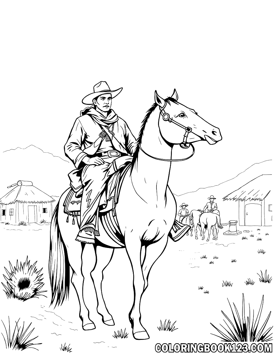 Cowboy auf einem Pferd in einem Indianerdorf Ausmalbild