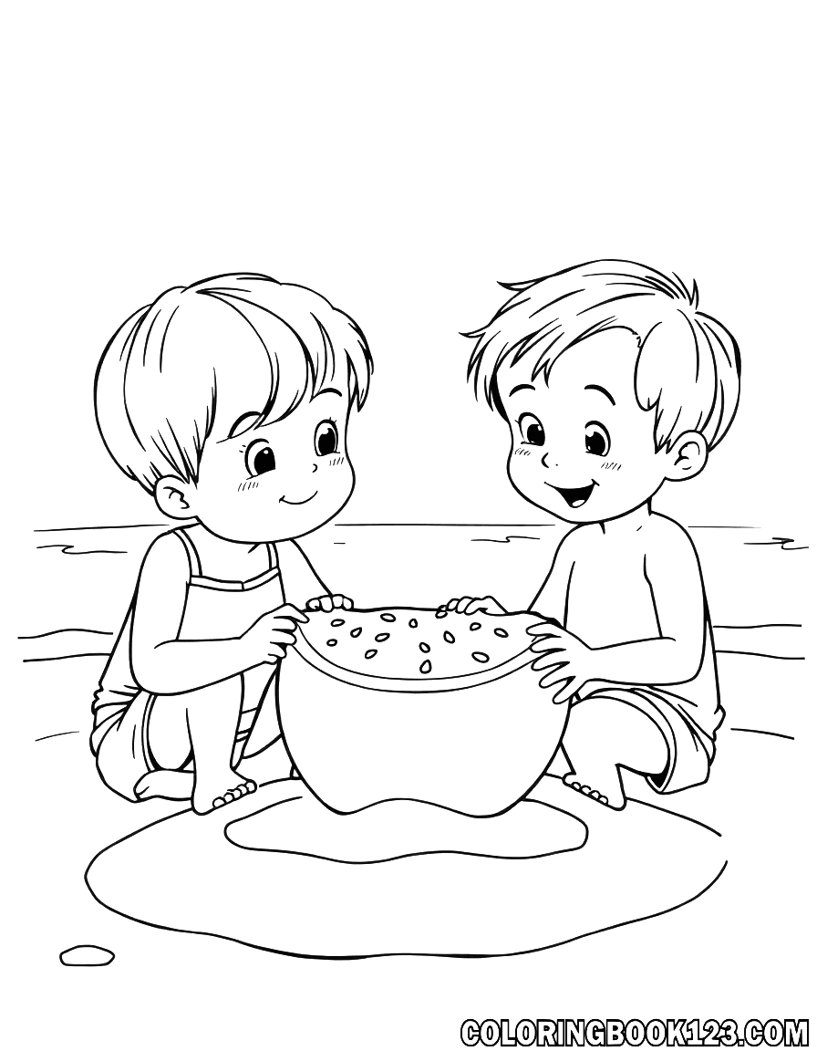 Kinder essen Wassermelone am Strand