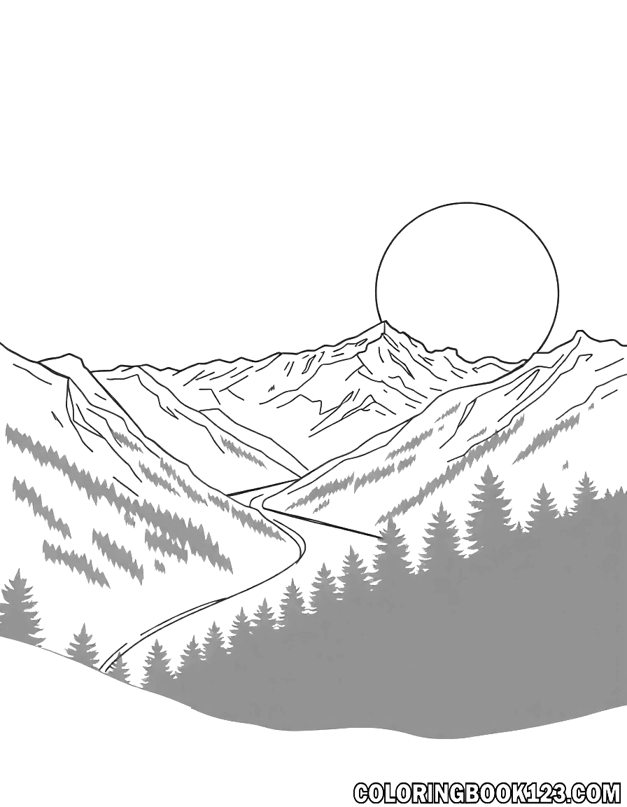 Ausmalbild eines Sonnenaufgangs in den Bergen