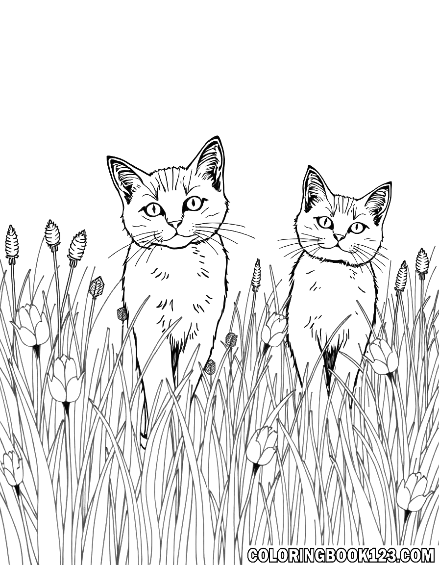 Katzen in einem Blumenfeld Ausmalbild