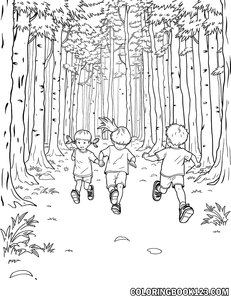 Kinder im Wald, die durch die Bäume rennen