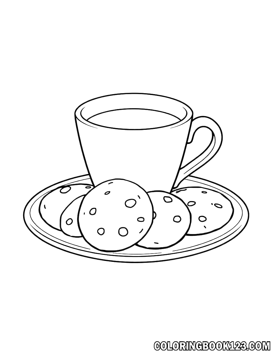 Ausmalbild von Keksen auf einem Teller mit einer Tasse Kaffee