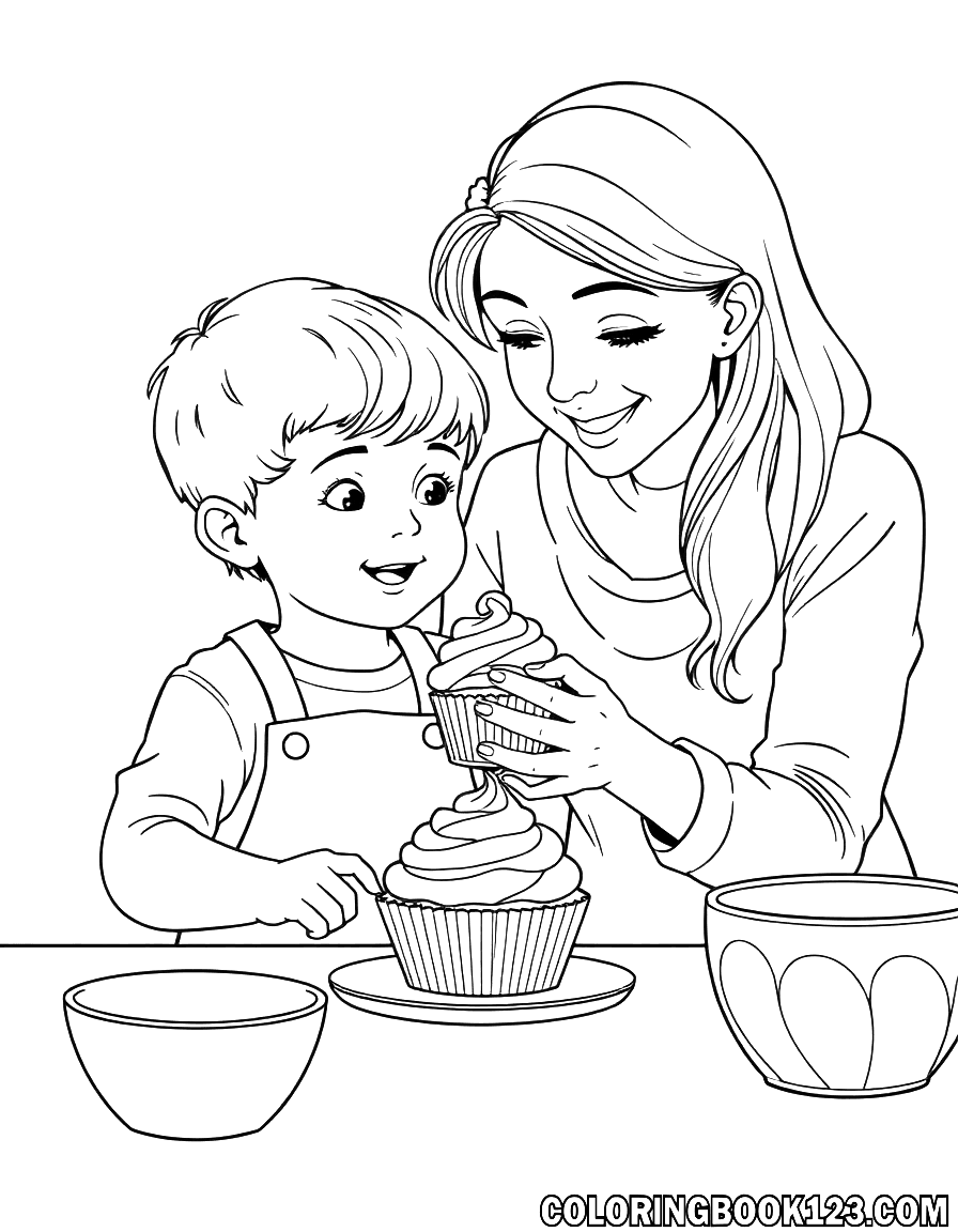 Ein Kind backt einen Cupcake mit seiner Mama.