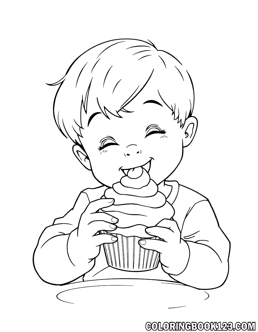 Kinder essen einen Cupcake, Ausmalbild