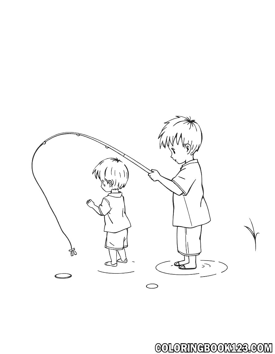 Ausmalbild von Kindern, die angeln