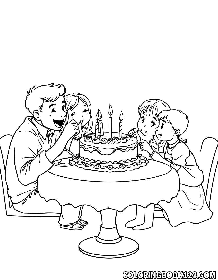 Familie beim Kuchenessen Ausmalbild