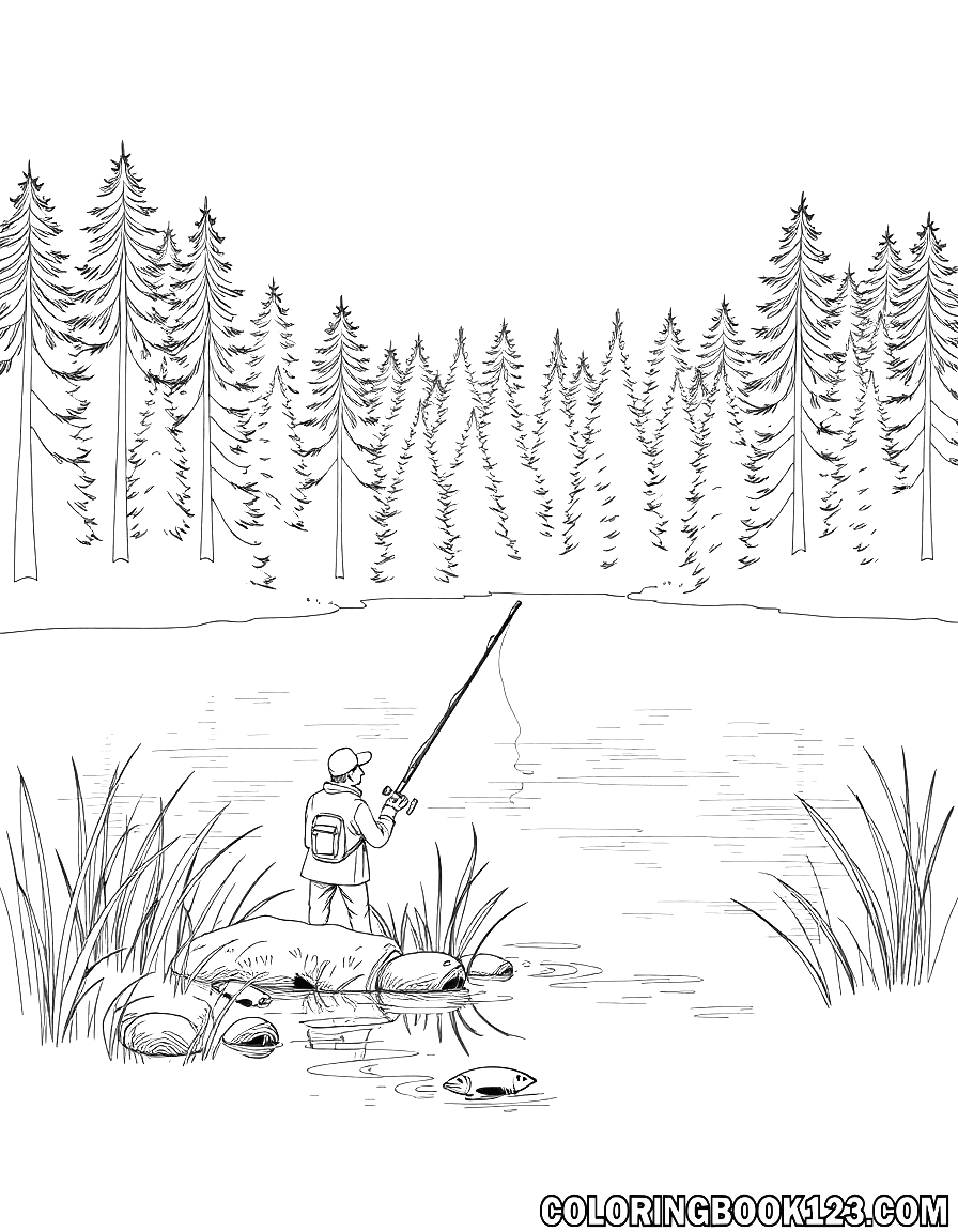 Ausmalbild Angeln am Waldsee