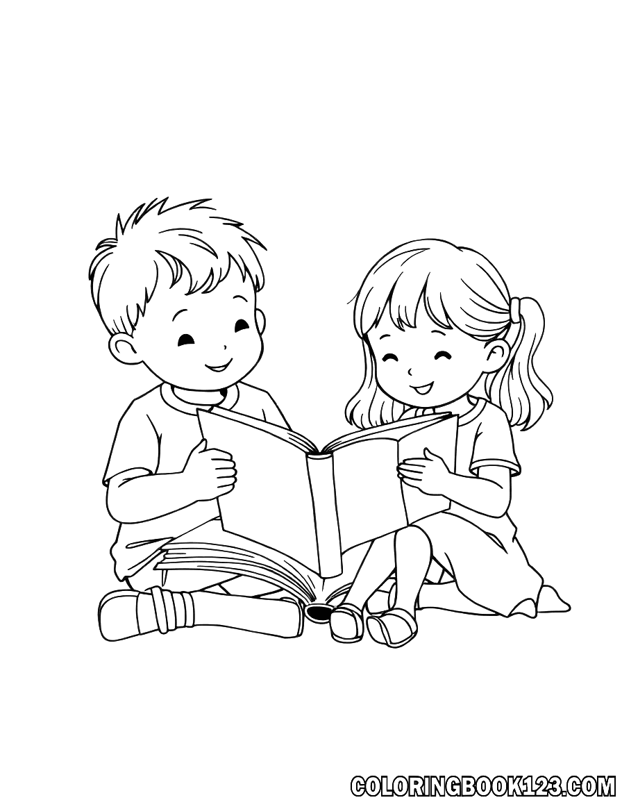 Ausmalbild von Kindern, die Bücher lesen.