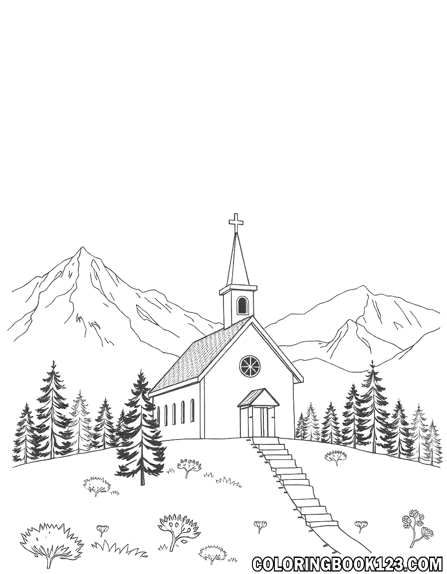Ausmalbild einer Kirche in den Bergen