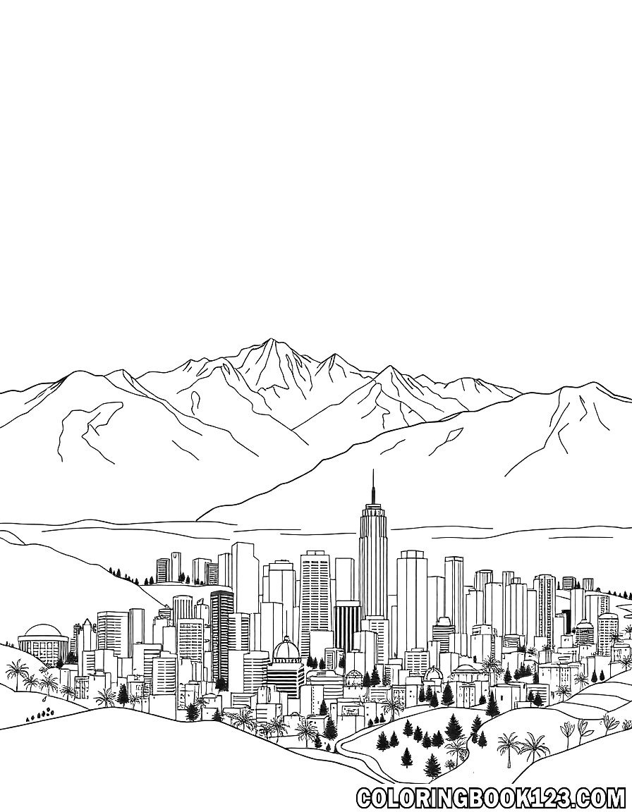 Ausmalbild einer Stadt in den Bergen