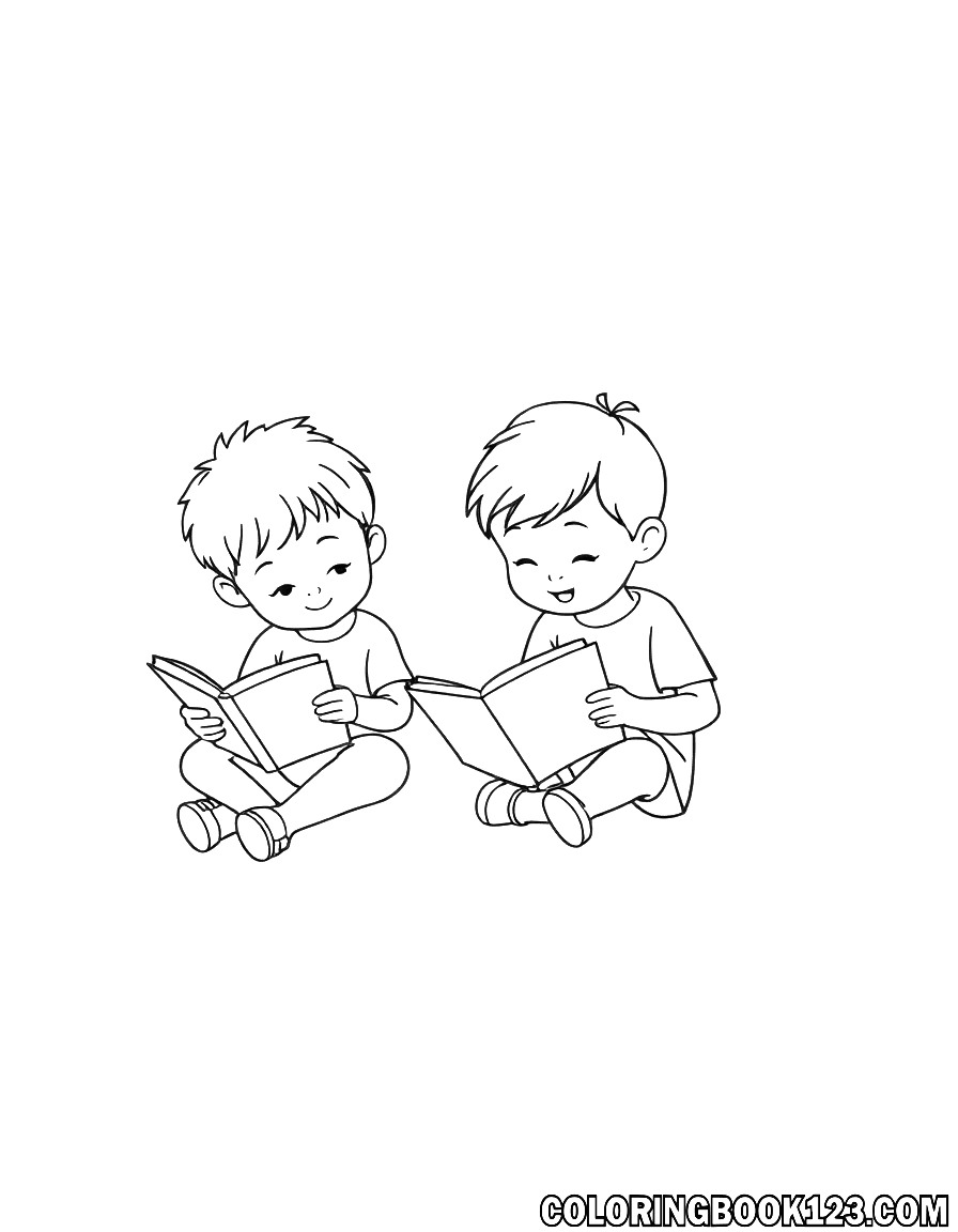 Kinder lesen Bücher in einem Ausmalbild