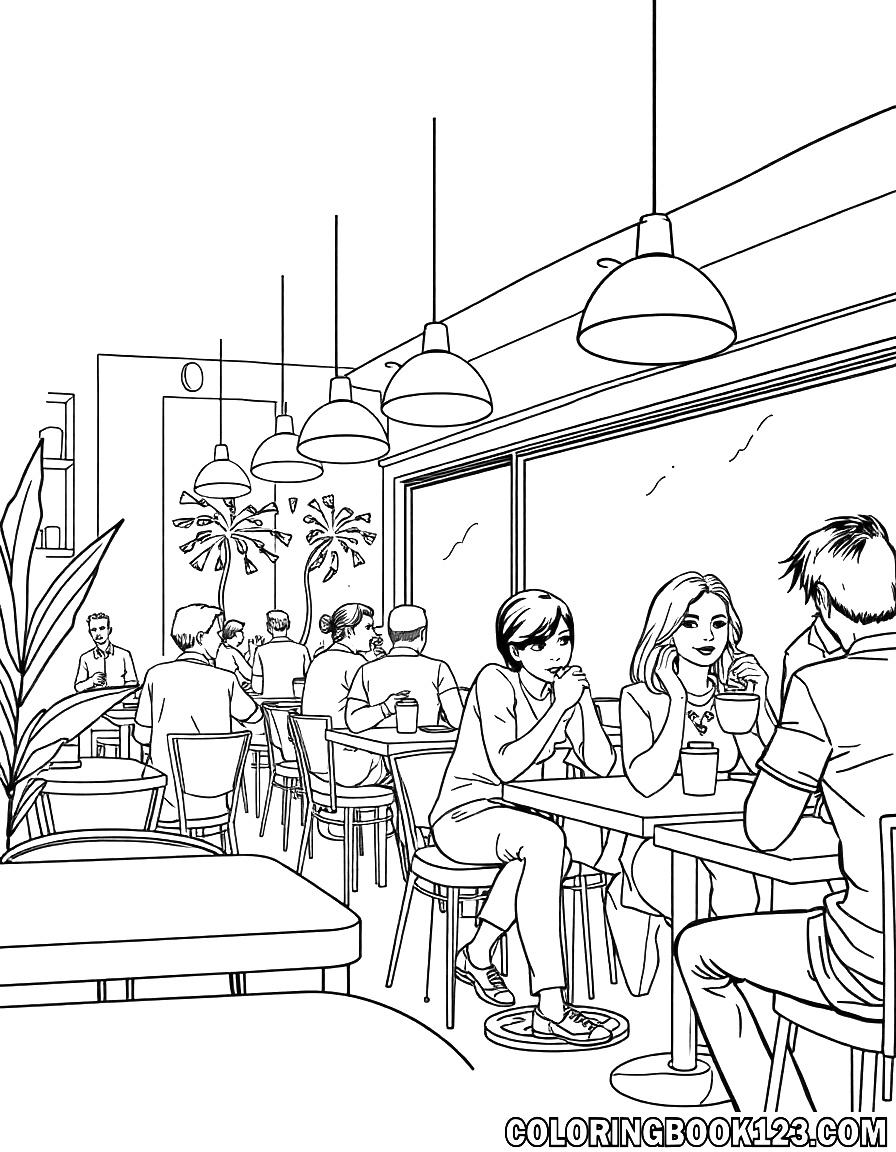 Ausmalbild von Menschen in einem Café