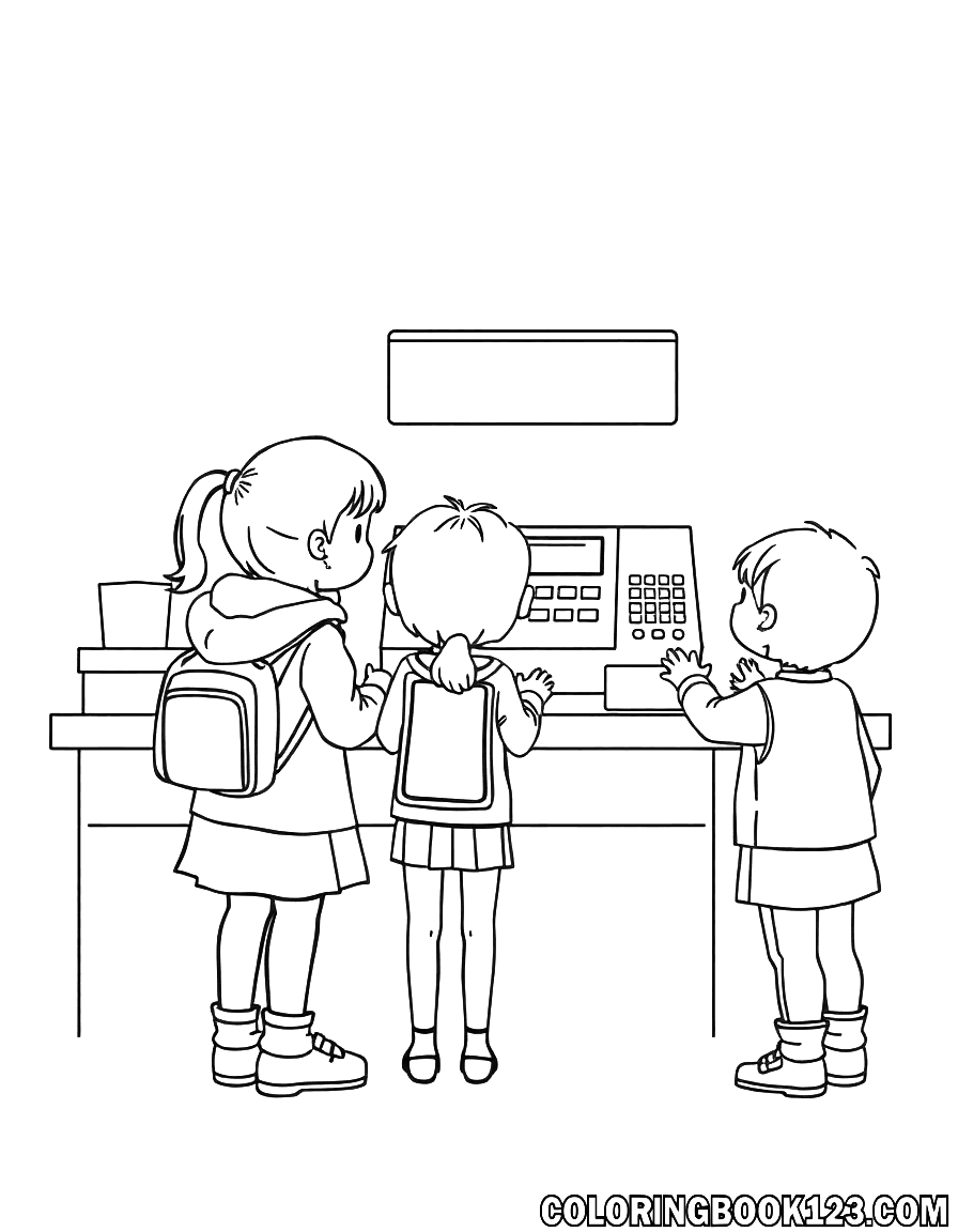 Kinder an der Kasse Ausmalbild