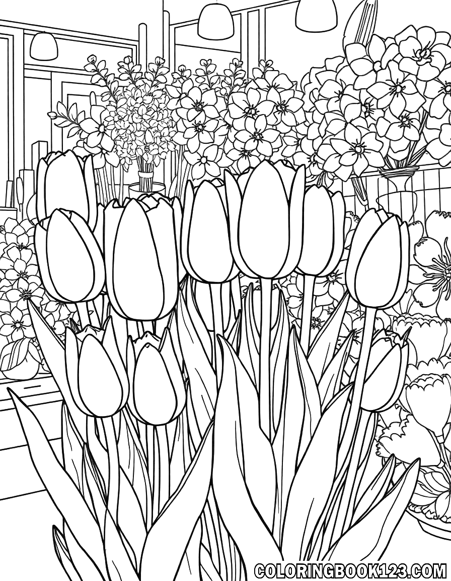 Ausmalbild von Tulpen in einem Blumenladen