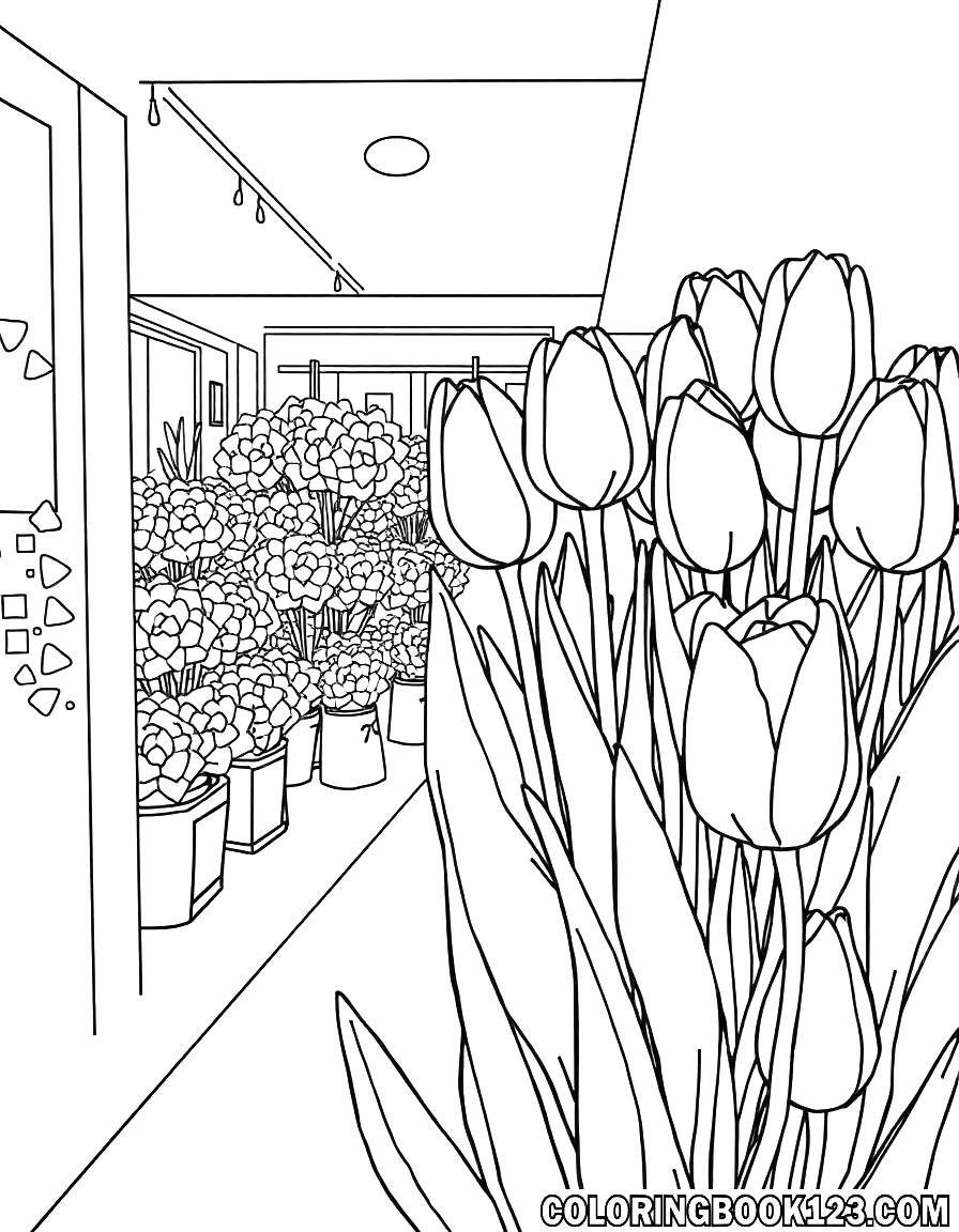 Ausmalbild von Tulpen in einem Blumenladen
