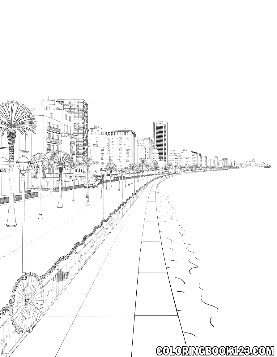 Ausmalbild einer Küstenpromenade mit Palmen und Gebäuden