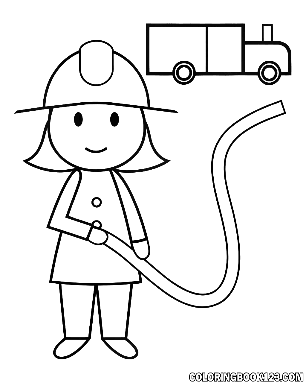Ausmalbild einer Feuerwehrfrau mit Helm und Schlauch