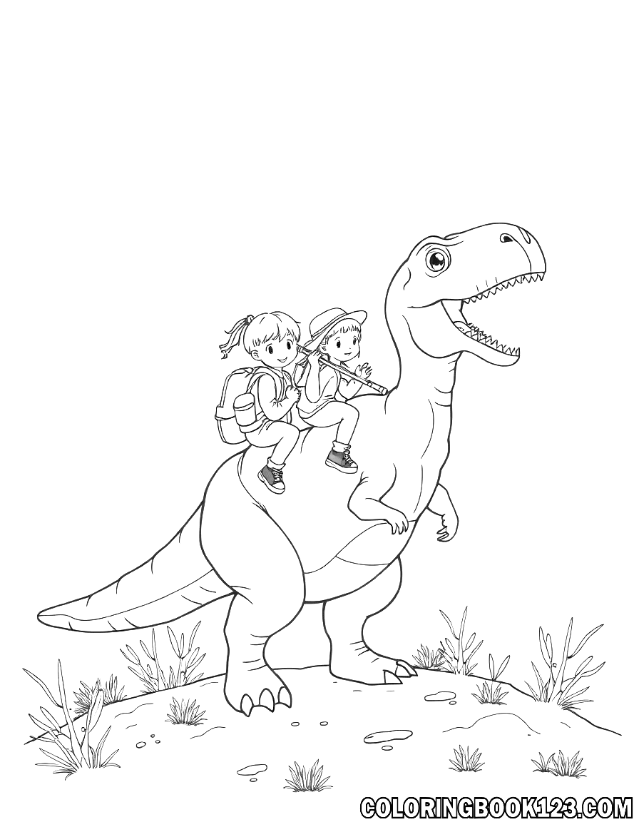 Kinder auf einem Dinosaurier beim Wandern