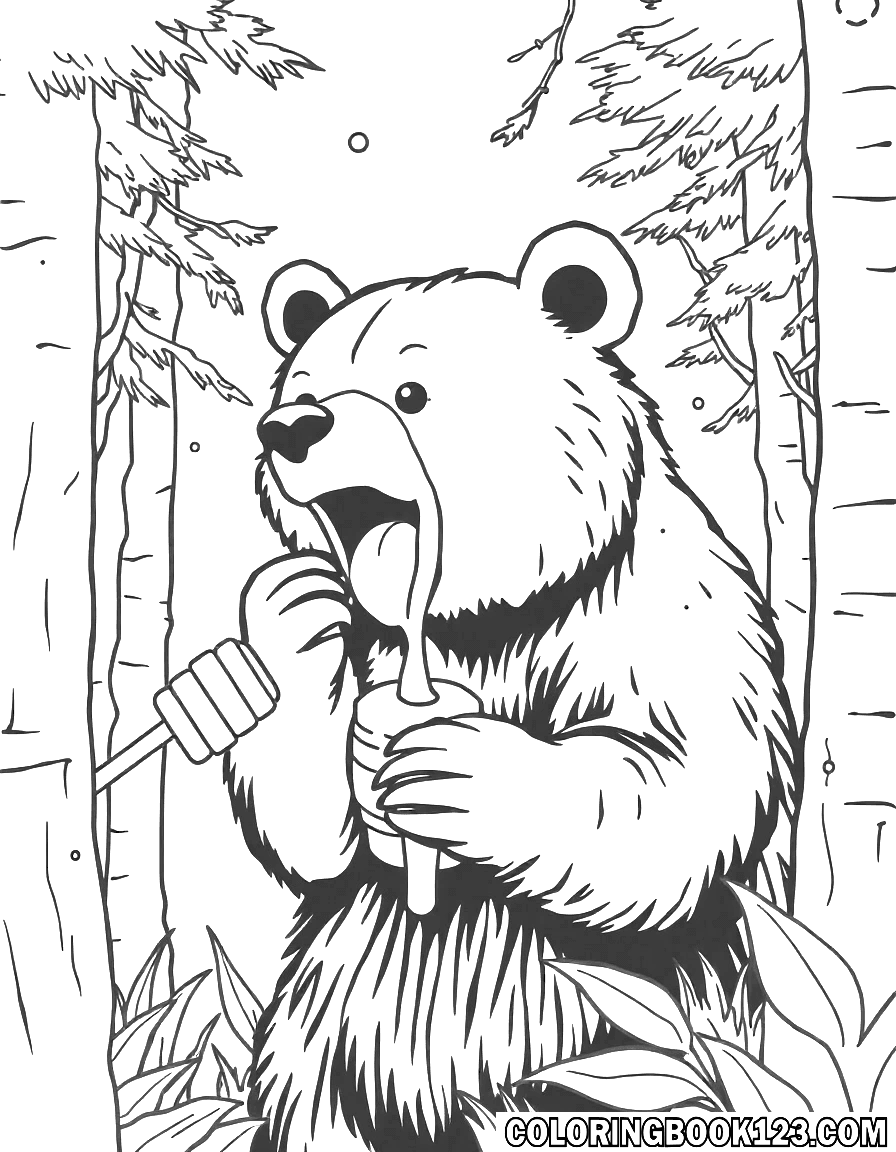 Bär, der Honig im Wald isst - Ausmalbild