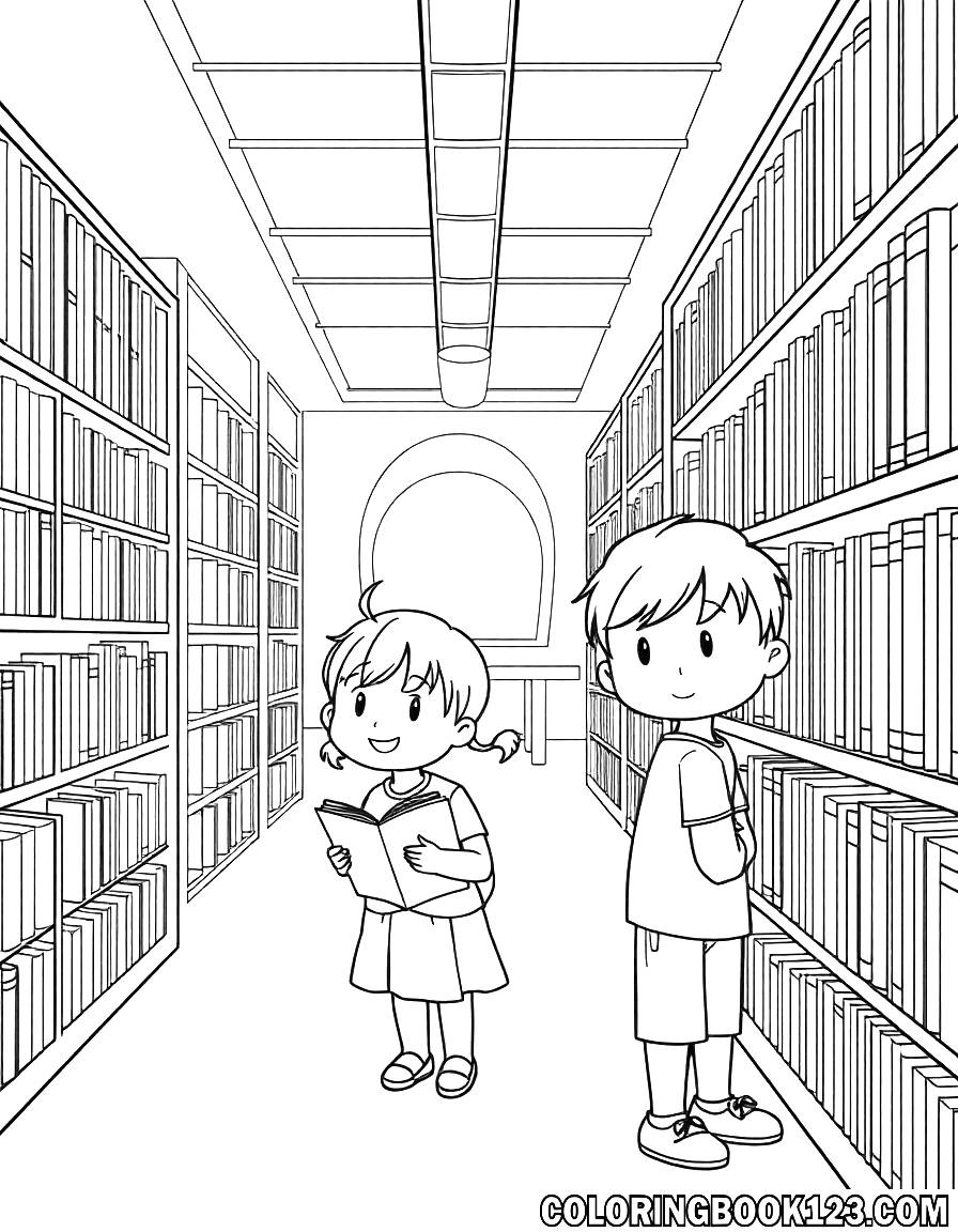 Ausmalbild von Kindern in einer Bibliothek