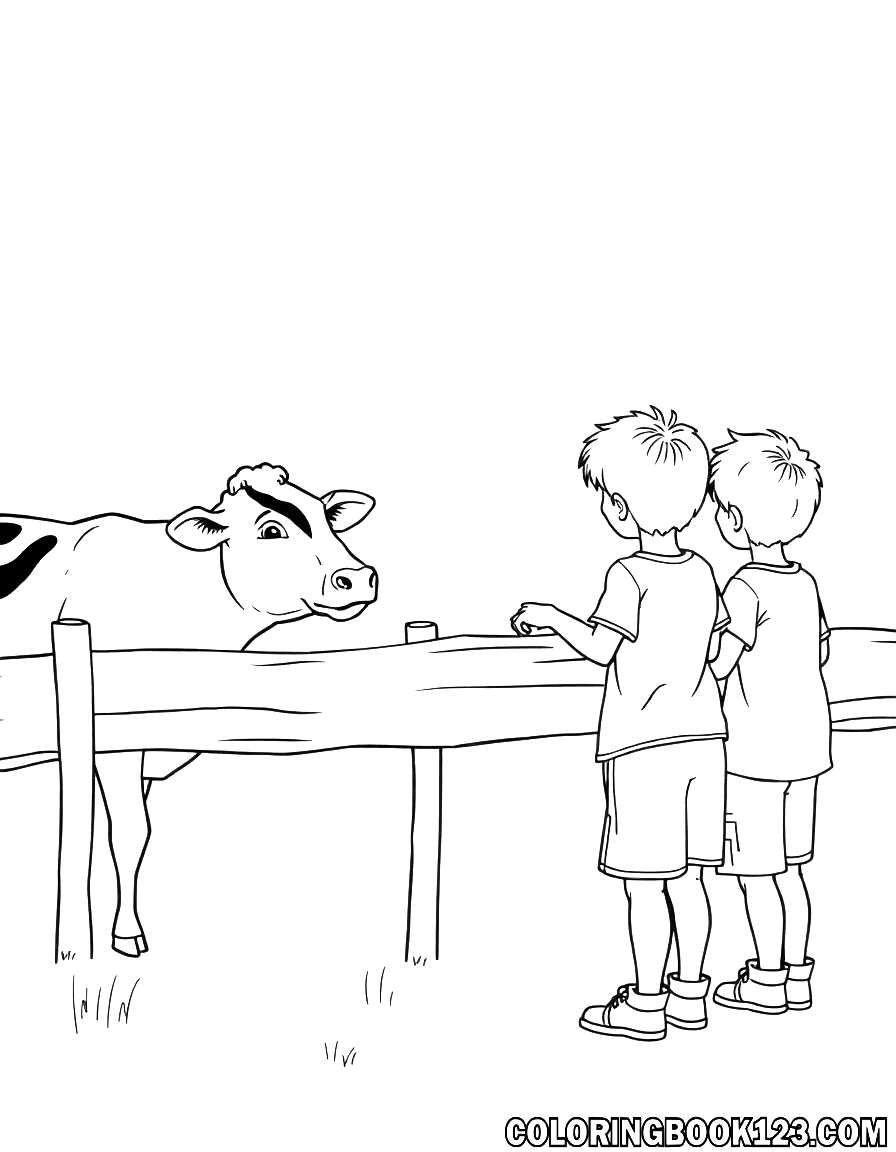 Kinder am Zaun beobachten eine Kuh