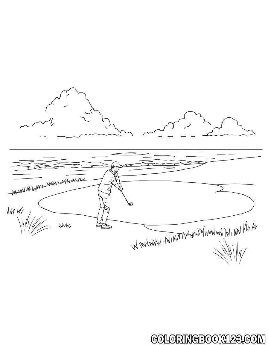 Golf auf einem Golfplatz am Strand, Ausmalbild