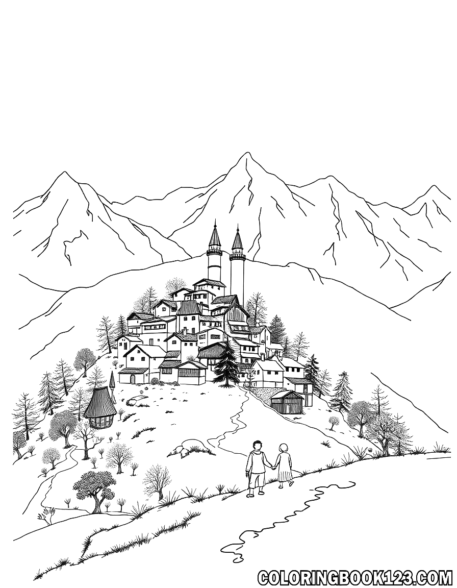 Ausmalbild von Kindern in den Bergen mit einer Stadt im Hintergrund